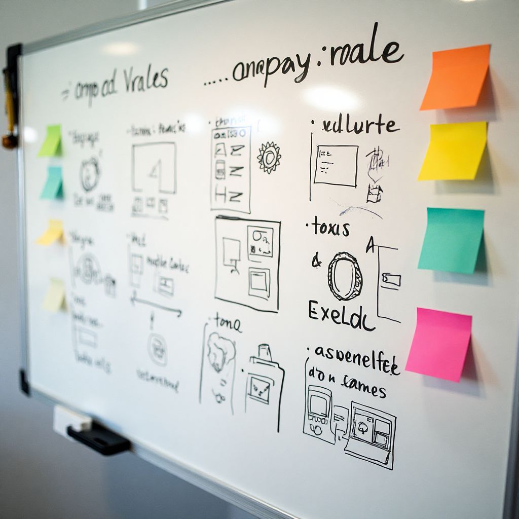 Lavagna con appunti sui valori aziendali e schizzi di design di gioco